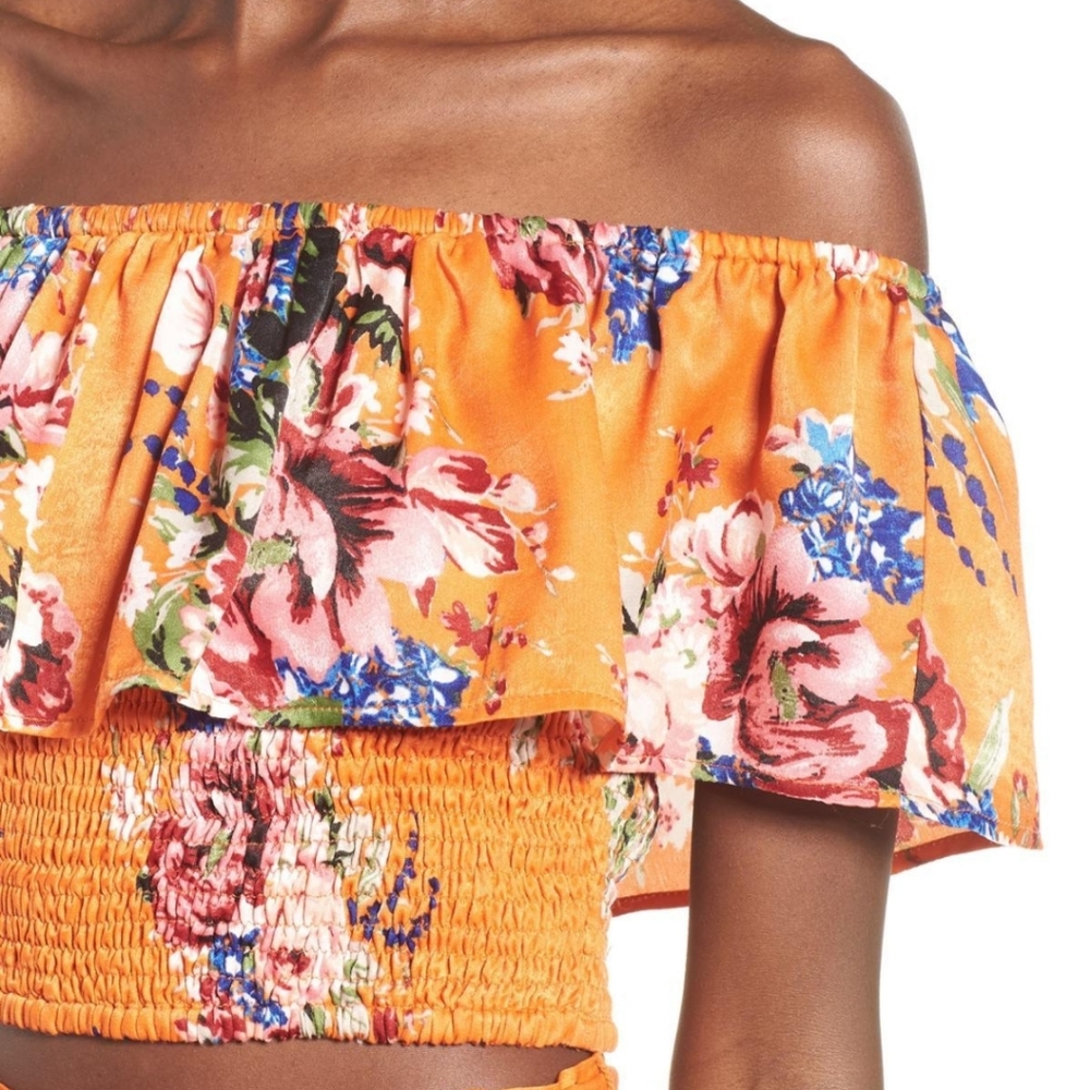 Band of Gypsies orange rose floral off shoulder L